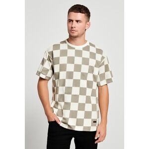 Bershka Men's L Checkerboard Graphic T-Shirt L1K3 Logo Boxy‎ Fit Brown White
